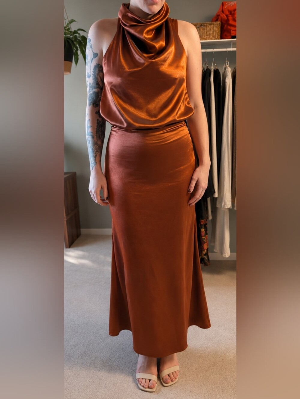 Satin Cowl Neck Maxi Two Piece Skirt Set - Copper
